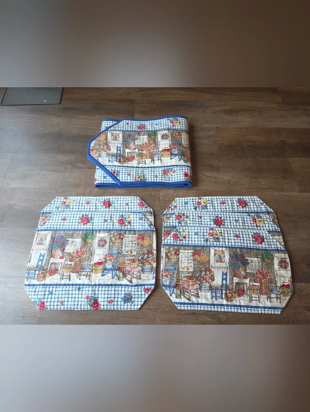 Vintage Handmade Farmhouse Gingham Floral Placemats and Table Runner